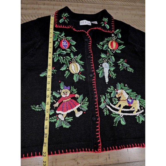 B.P. Design Sweater L Black Embroidered Christmas Holiday Button Up Ramie Cotton - Picture 9 of 10